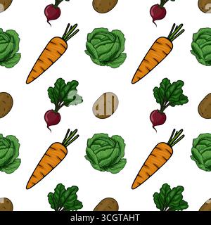 Seamless vector pattern featuring hand-drawn illustrations of carrots, potatoes, cabbage, and beets, creating a vibrant and fresh vegetable design. Stock Vector