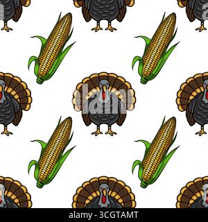 Seamless vector pattern featuring Thanksgiving-themed illustrations of turkeys and corn cobs, rendered in a hand-drawn style with vibrant colors again Stock Vector