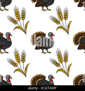 A charming vector seamless pattern featuring Thanksgiving turkeys and wheat stalks, ideal for festive designs and autumnal celebrations. Stock Vector