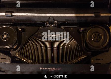 An old typewriter with its mechanism seen from above Stock Photo