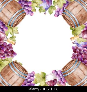 Hand painted watercolor wine frame with barrels, grapes and leaves. Central empty space makes it a ready-to-use template for invitations, menus, poste Stock Photo