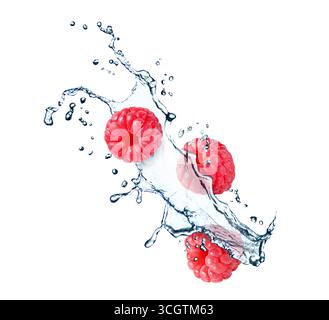 Fresh ripe raspberries and water splash in air on white background Stock Photo