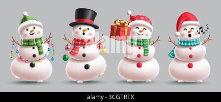 Christmas snowman characters clipart set. Snow man character in funny, cute, happy and jolly faces clip art design wearing hat and scarf elements Stock Vector