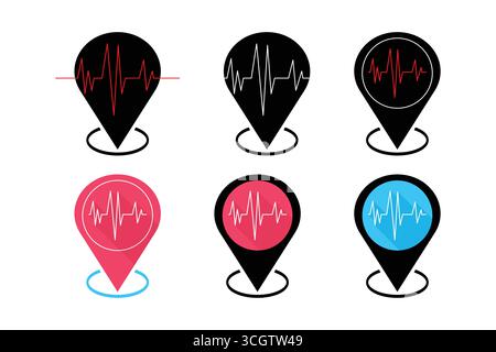 Location pin icons with heartbeat and ECG line symbols. Stock Vector
