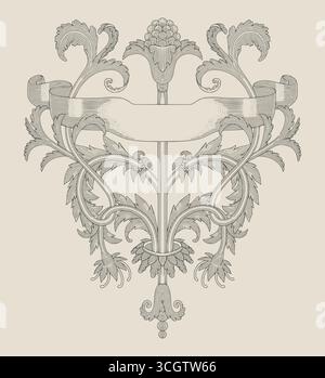 Banner with floral ornament,  Vintage engraving drawing style illustration Stock Vector