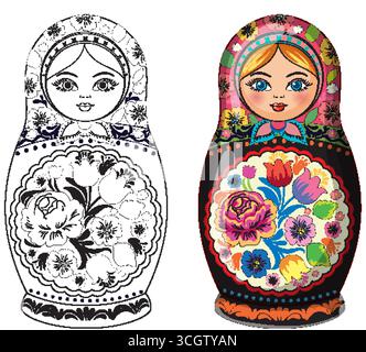 Side-by-side colored and outline Russian matryoshka dolls with floral folk art and vibrant patterns. Stock Vector