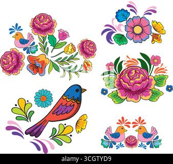 Colorful vector of stylized birds and flowers in traditional folk art with bold outlines. Stock Vector