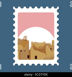Desert village silhouette with adobe buildings at pink sunset, framed as a decorative postage stamp. Stock Vector