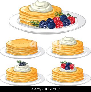 Cartoon vector of fluffy pancake stacks with whipped cream and berries on plates, bright style. Stock Vector