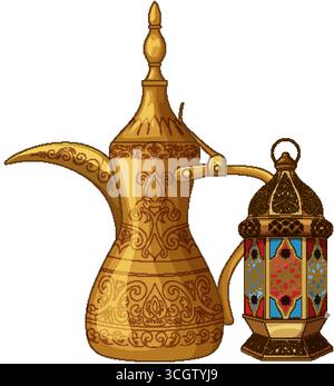Intricate vector illustration of golden dallah coffee pot and colorful geometric patterned lantern Stock Vector