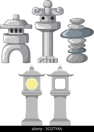 Vector illustration of Japanese stone lanterns and stacked rocks, flat style, neutral gray palette Stock Vector