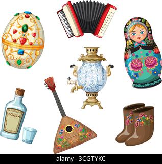 Colorful vector of Russian cultural icons: matryoshka, samovar, balalaika, accordion, FabergÃ© egg, vodka. Stock Vector