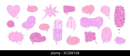 Speech Bubble collection with crayon texture. Vector pink chat balloons for comics or retro designs. Pencil Chalk Texture Message clouds Stock Vector