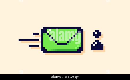 8-bit Y2K pixel art green envelop and the icon of a human. Stock Vector