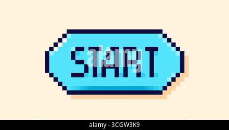 Pixel art blue button with the word start. Stock Vector