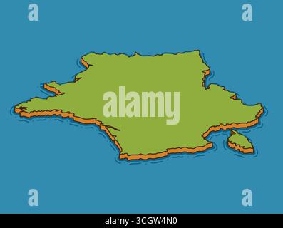 Isometric map of France. Green land with island surrounded by blue sea. Simplified cartoon style illustration of French geography and territory. Stock Vector
