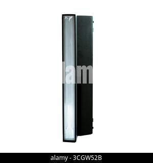 Black rectangular ceiling spotlight, isolated on white background, sleek modern lighting fixture for home and commercial interiors. Stock Photo