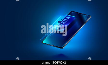 Esim icon over mobile phone in 3d isometric. digital virtual electronic sim card over screen of modern smart phone. Esim technology concept. Stock Vector