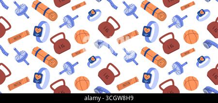 Colorful fitness pattern with weights, yoga mats, dumbbells, and basketballs. Stock Vector