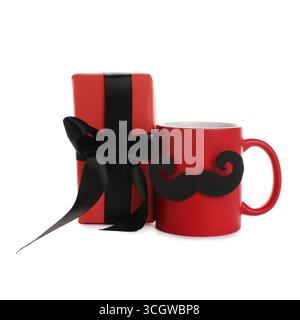 Happy Father's Day. Cup with mustache and gift box isolated on white Stock Photo