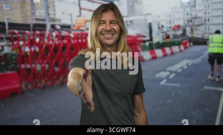 Blond man in gray shirt offering handshake with outstretched hand on street by construction site; trust. Stock Photo