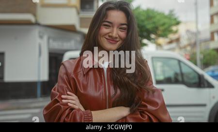 Woman wearing brown leather jacket with arms crossed on city street under overcast sky beside parked van; defiance. Stock Photo