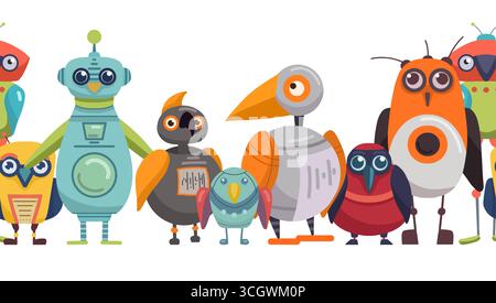 Vector seamless border with cute cartoon robot birds. Horizontal frieze with colorful bird automatons. Future pets. Pattern for brushes and cards Stock Vector