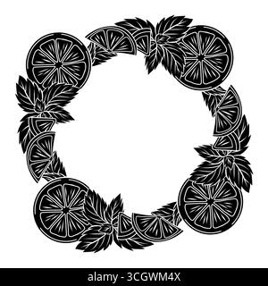 Vector monochrome circle frame with doodle mint leaves, orange slices and copy space. Wreath with black silhouette of peppermint and lemons isolated b Stock Vector
