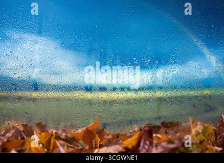 Raindrops on Window with Autumn Leaves and Rainbow in Background Stock Photo