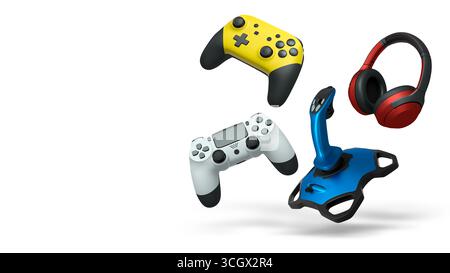 Floating gaming accessories like controllers, joystick, and headphones isolated on white background with clipping path, concept of gaming Stock Photo
