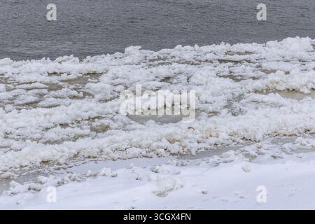 Close up on a Ice floes on the Vistula during winter in Warsaw, capital of Poland Stock Photo