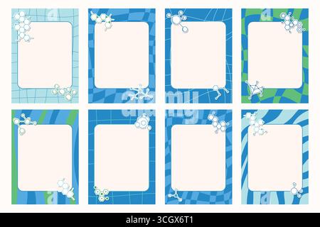 Groovy notebook sheets with molecular structures set including stickers and frames. Perfect for creative school design and education, science and chem Stock Vector