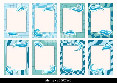 Groovy notebook sheets with water waves set including stickers and frames. Ideal for summer design and sea, ocean, beach, waves inspired school projec Stock Vector