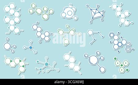 Thin line molecular structure stickers set in modern minimal style. Perfect for science, chemistry, biology, education, medicine, research, digital te Stock Vector