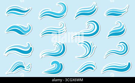 Collection of water wave stickers in flat cartoon style. Decorative ocean and sea elements for summer and beach, marine themes and digital projects, s Stock Vector