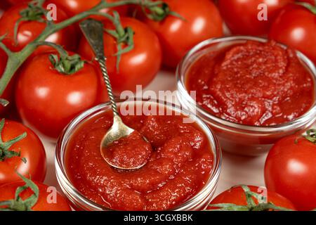 Concentrated Tomato Paste in Mini Sauce Dishes. Natural Culinary Detail Stock Photo