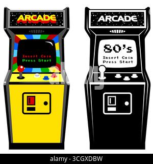 Retro arcade game cabinet illustration, colorful and monochrome, design with joystick, buttons, coin acceptor and "insert coin" "press start" messages Stock Vector