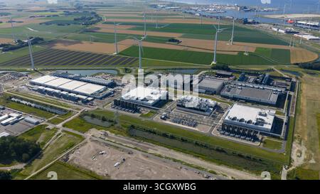 massive data center, computing center, aerial video in the Eemshaven, The Netherlands. Stock Photo