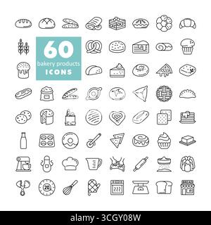 A comprehensive set of classic line icons for baking, representing kitchen tools, ingredients, and various baked goods. Perfect for recipe websites, b Stock Vector