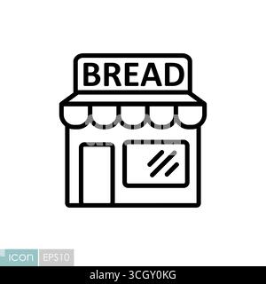 A classic line vector icon of a bakery storefront with an awning and the word 'BREAD'. Perfect for food maps, business directories, and shopping apps. Stock Vector