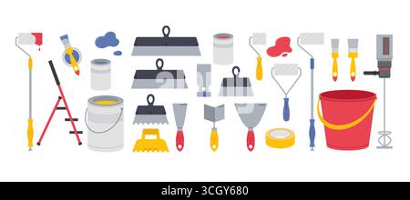 Tools and supplies for painting and home renovation projects laid out on a flat surface Stock Vector
