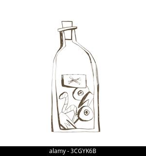 Hand drawn creepy bottle with teeth eyes and worm doodle illustration spooky potion container for halloween witchcraft design Stock Vector