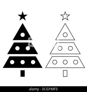 Minimalist Christmas tree icons in black and white. Simple festive holiday symbols with decorations, star and ornaments for seasonal design and vector Stock Vector