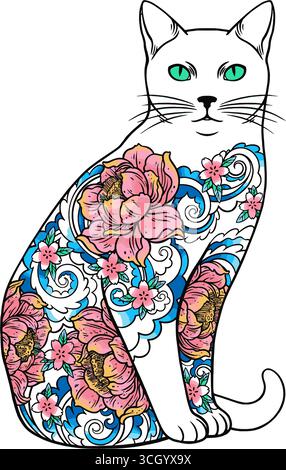Cat with floral tattoo – Irezumi style black and white illustration Stock Vector