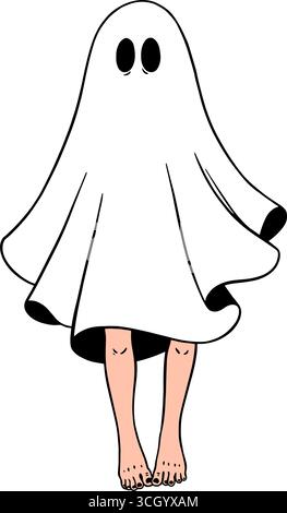 A child in a ghost costume, draped in a white sheet. Vector illustration Stock Vector