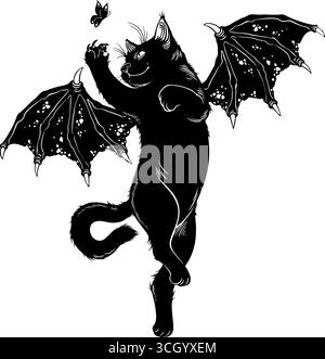 Black kitten with wings hunting butterfly. Vector illustration Stock Vector