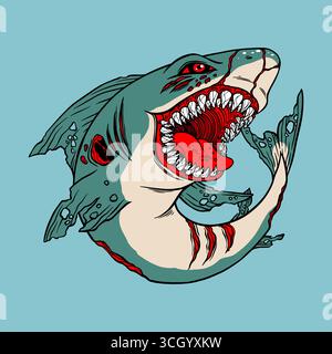 Undead angry shark. Zombie monster. Vector illustration Stock Vector