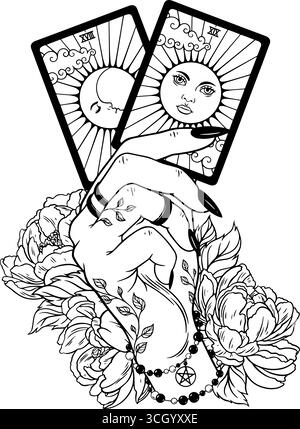 Female hand with tattoo holding tarot cards - sun and moon symbols. Vector illustration Stock Vector