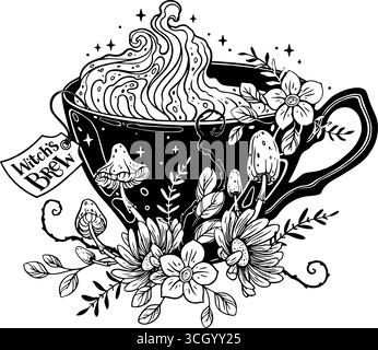 Cute magic cup with witch's brew, flowers and mushrooms. Vector illustration Stock Vector