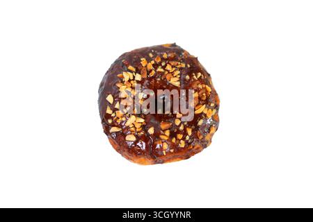 Fresh Baked Donut with Chocolate Topping and Nuts on White Background. Stock Photo